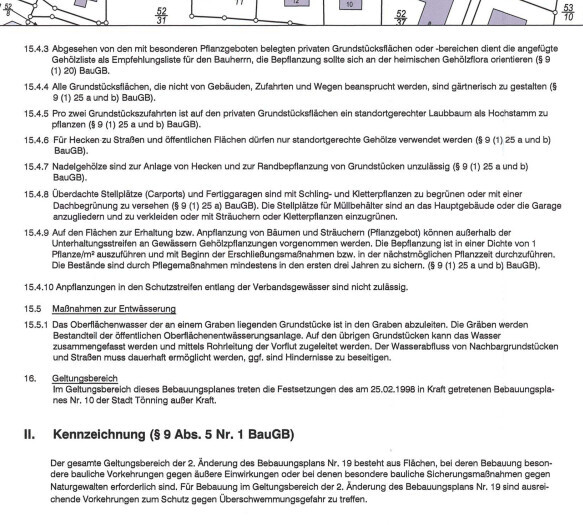 Ausschnitt eines deutschen Bebauungsplans mit BauGB-Paragraphen und Kennzeichnung.