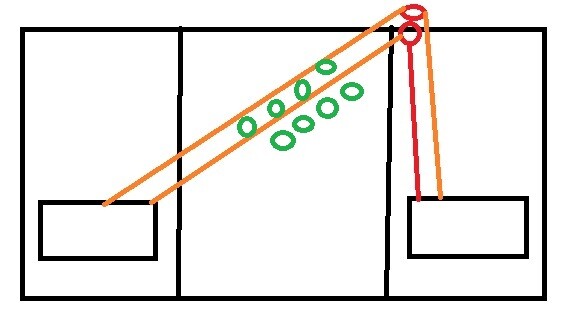 Schematischer Grundriss mit zwei Gebäudeteilen und diagonalen Linien.