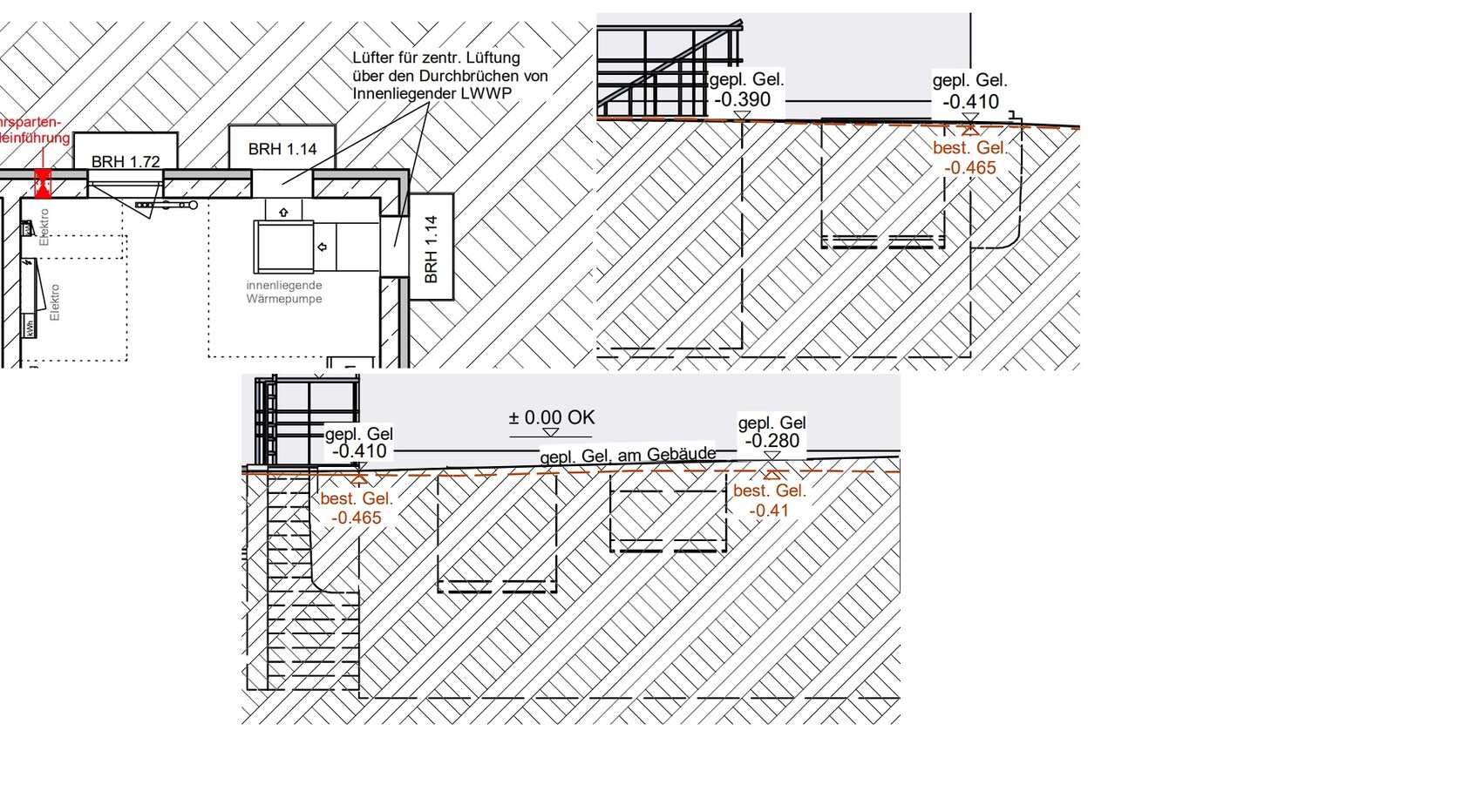 Grundriss eines Gebäudes mit Wärmepumpe, Lüftung, Elektro, Treppe und Gel-Schichten.