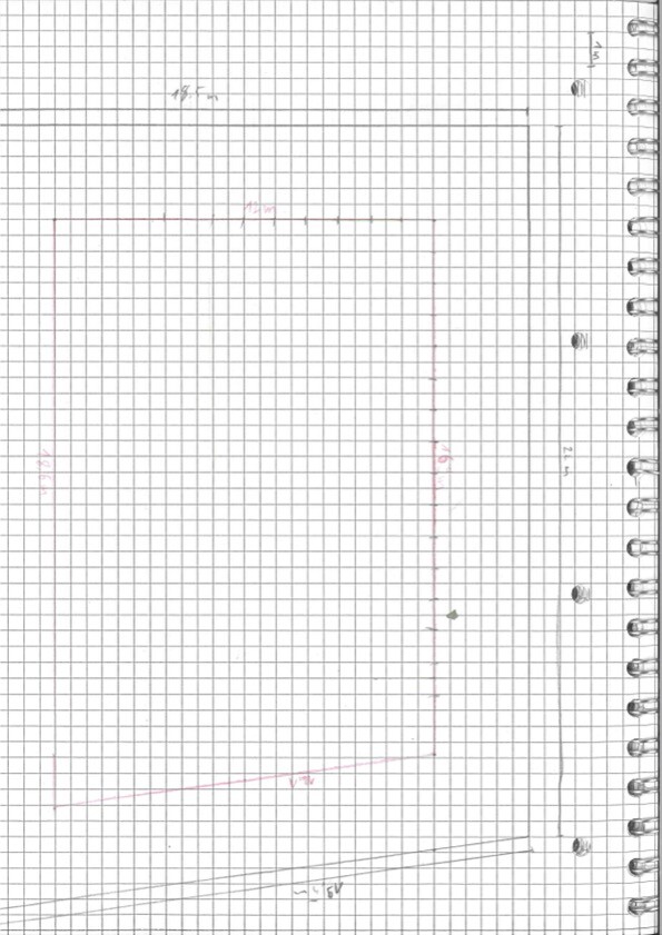 Skizze auf kariertem Notizblock: großes pinkes Rechteck mit Randlinien, Spiralbindung rechts.