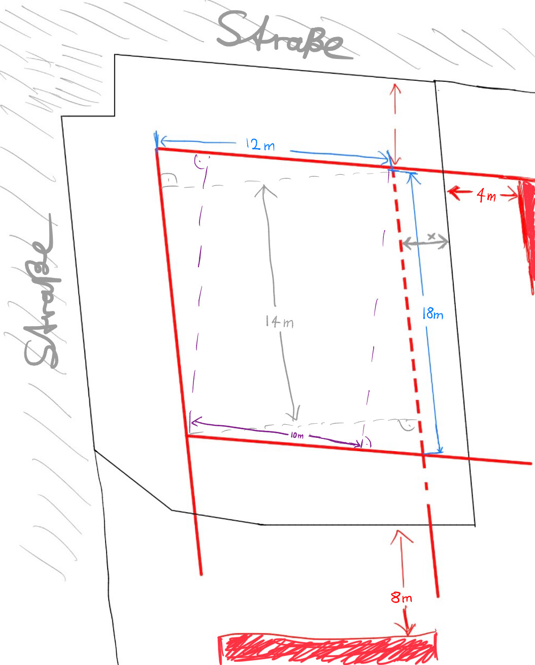 Skizzenhafte Grundrissplanung eines Baugrundstücks mit Straßennamen, Baugrenze und Innenmaßen.