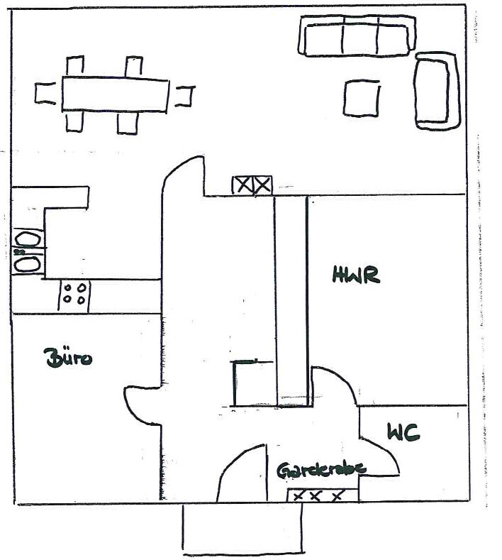 Skizzenhafter Grundriss eines Hauses mit Büro, Küche, WC, HWR und Wohnzimmer.