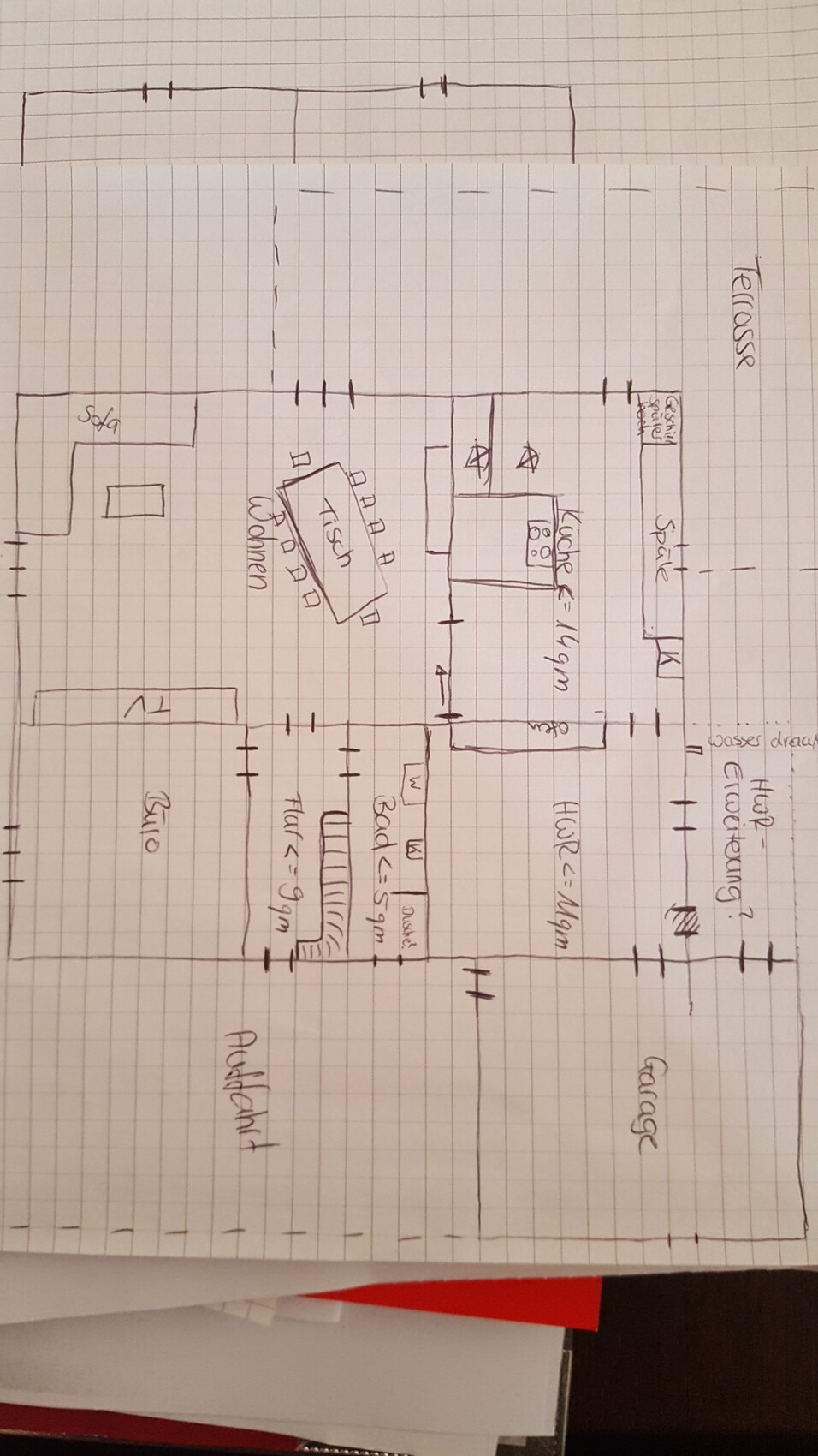 Skizzenhafter Grundriss eines Hauses mit Küche, Essbereich, Wohnzimmer und Flur.