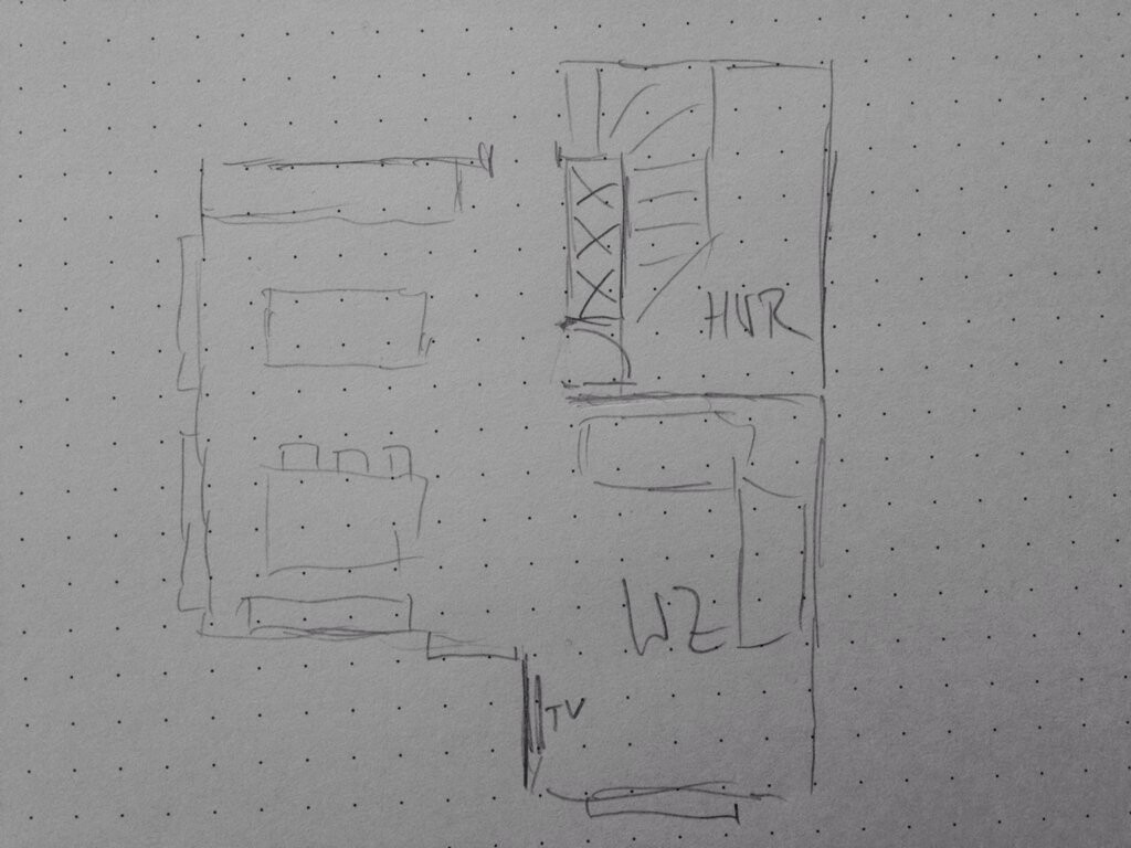 Skizzenhafter Grundrissplan eines Hauses mit Wohnzimmer, TV-Bereich und Aufteilung.