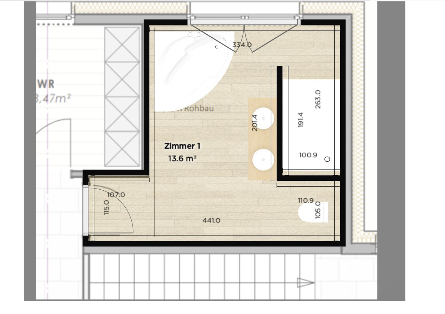 Grundriss Zimmer 1, 13,6 m², Holzboden, Tür links unten, Möbel an rechter Wand.