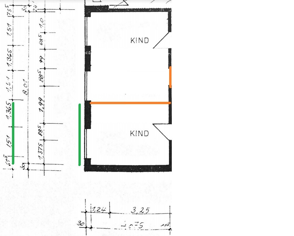 Grundriss einer Wohnung mit zwei Kinderzimmern (KIND) und Wänden