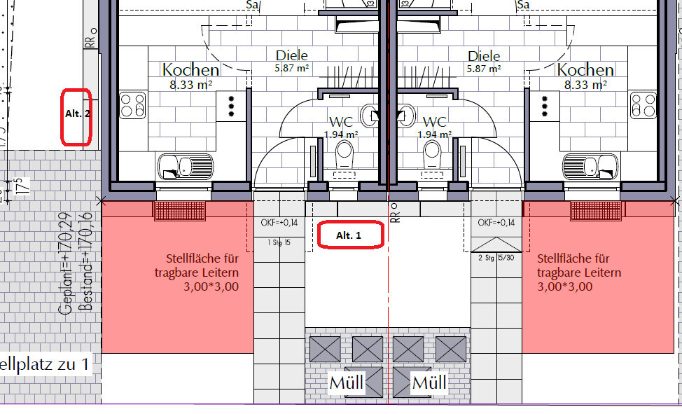 Zwei verbundene Grundrisse zeigen Küche, Diele und WC in beiden Wohneinheiten eines Bauplans