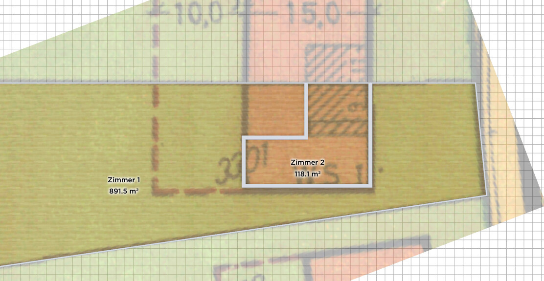 Draufsicht-Grundriss mit zwei Zimmern, Zimmer 1 und Zimmer 2, Flächenangaben