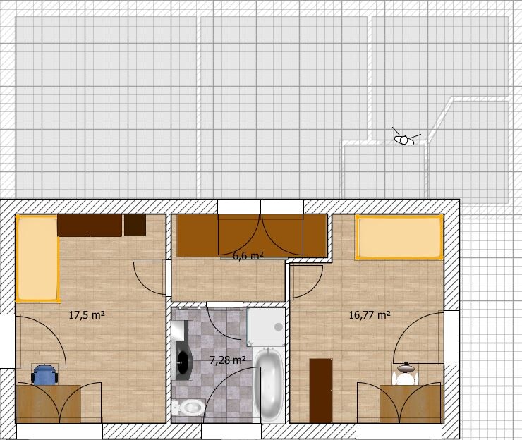Grundriss einer Dreizimmerwohnung mit Bad, Küche und Möbeln; Größenangaben.