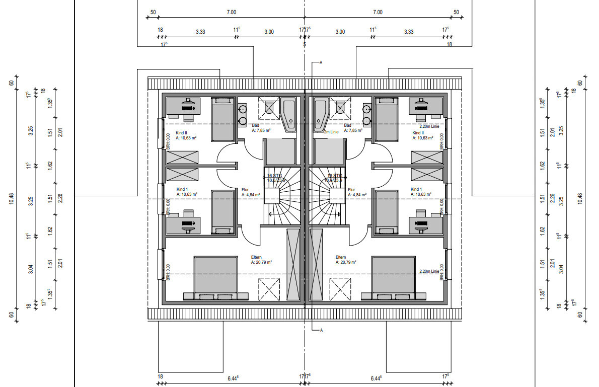 Doppelhaushälfte Grundriss: zwei spiegelverkehrte Wohnungen mit Flur, Eltern- und Kinderzimmer, Bad.