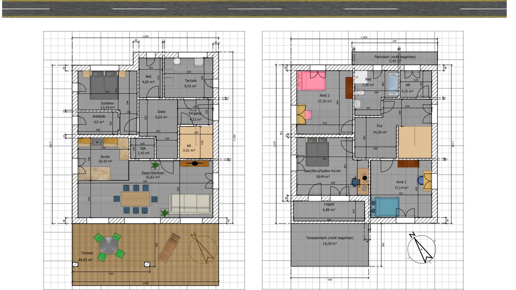 Zwei Haus-Grundrisse: links EG mit Küche, Wohnen, Schlafen rechts OG mit Bad, Flur, Kindern, Loggia.