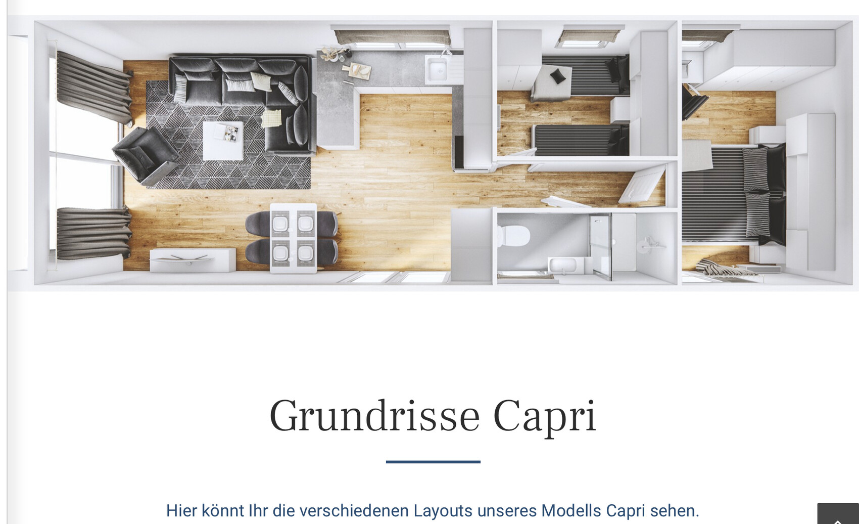 Grundriss Capri: Offener Wohnbereich, Küche, Esstisch, Bad und zwei Schlafzimmer.