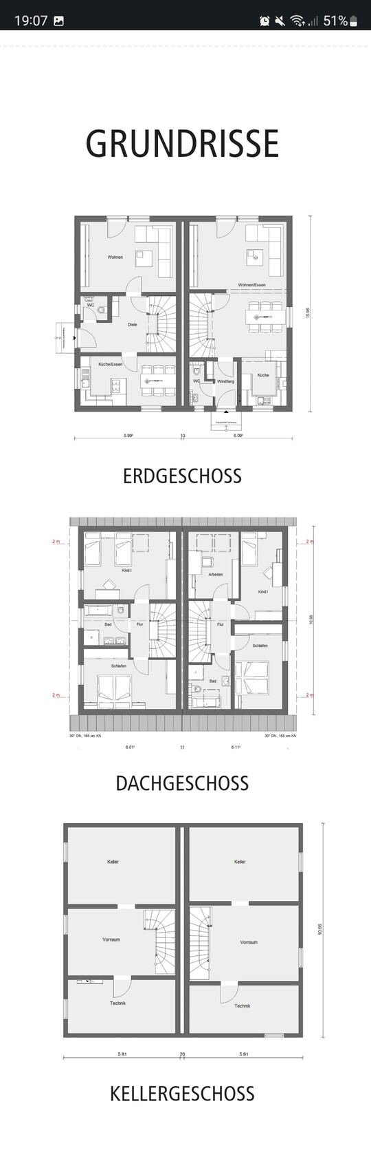 Grundrisse eines Hauses: Erdgeschoss, Dachgeschoss und Kellergeschoss.