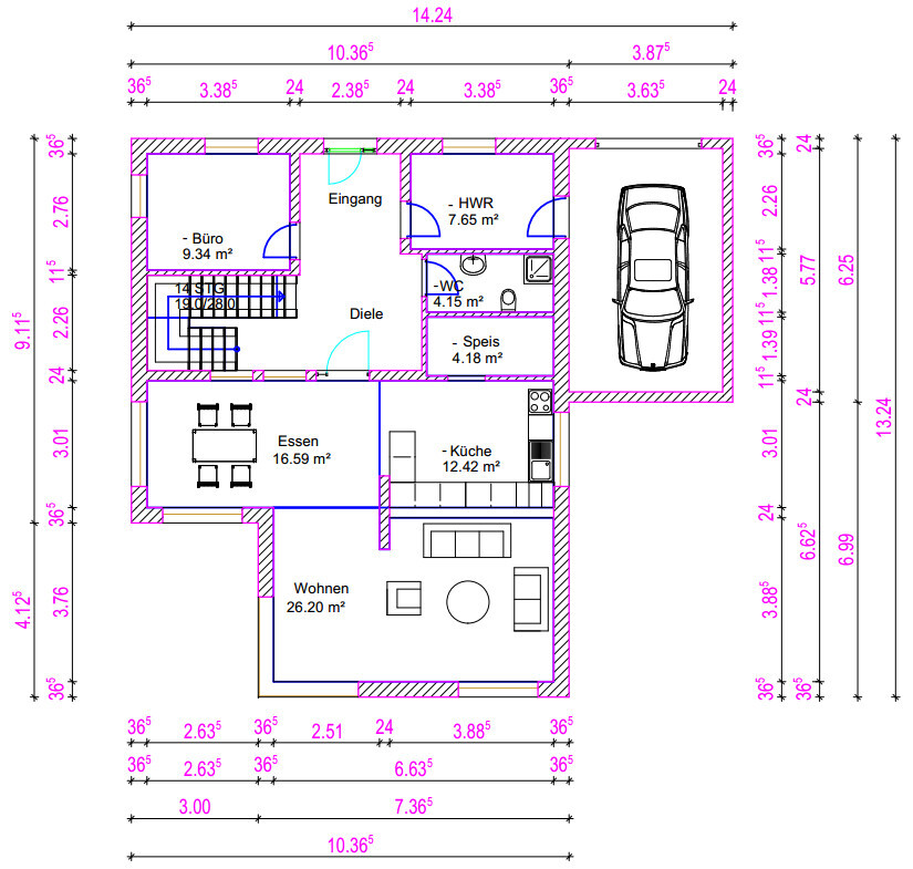 Grundrissplan eines Einfamilienhauses mit Wohnzimmer, Essbereich, Küche und Garage