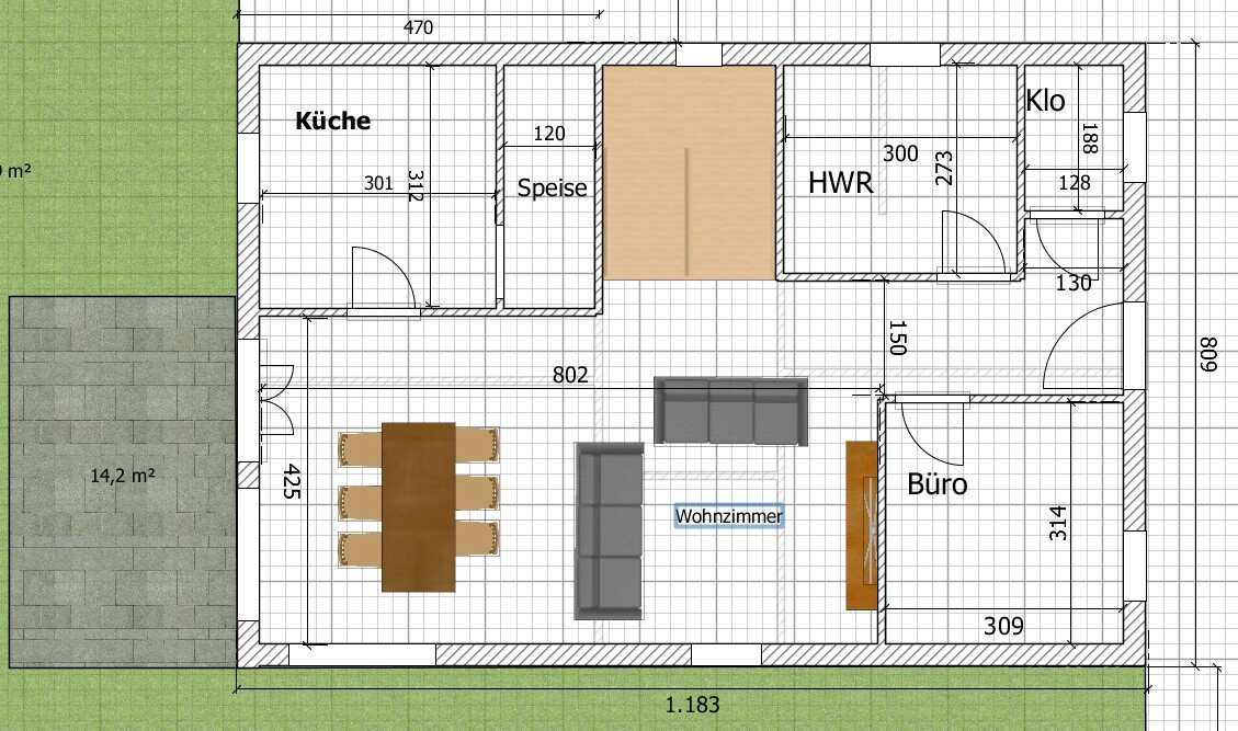 Grundrissplan eines Hauses mit Küche, Speise, Wohnzimmer, Büro und HWR