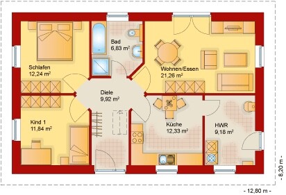 2D-Grundriss eines Hauses mit Wohnzimmer, Küche, Schlafzimmer, Bad, Diele und HWR