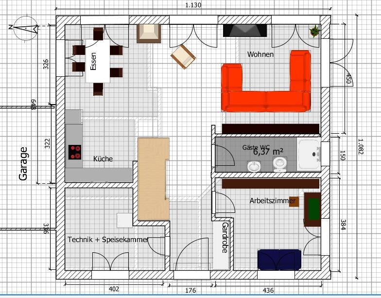 Detaillierter Grundrissplan eines Hauses mit Küche, Essbereich, Wohnzimmer und Bad.