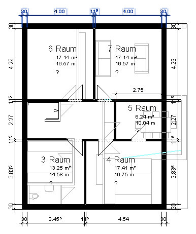Detaillierter Grundrissplan eines Wohnhauses mit mehreren Räumen und Treppen