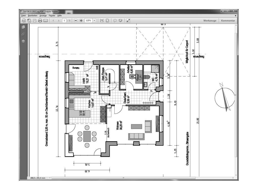 2D Grundrissplan eines Wohnhauses mit Küche, Wohnzimmer und Bad, Maßangaben sichtbar