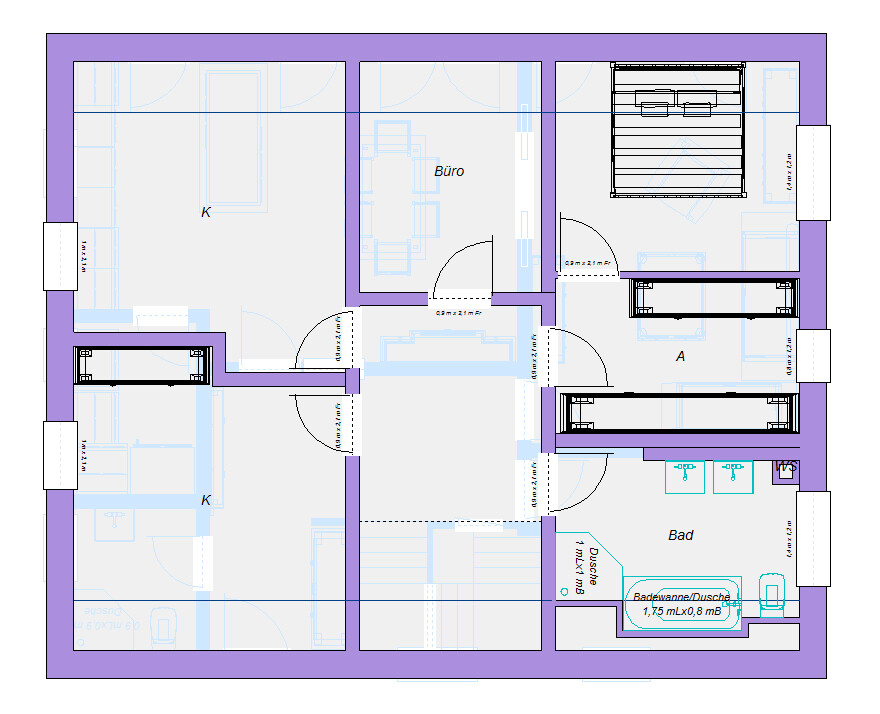 Grundriss eines Hauses: Küche (K), Büro, Bad und Raum A; Türen; violette Außenwände.