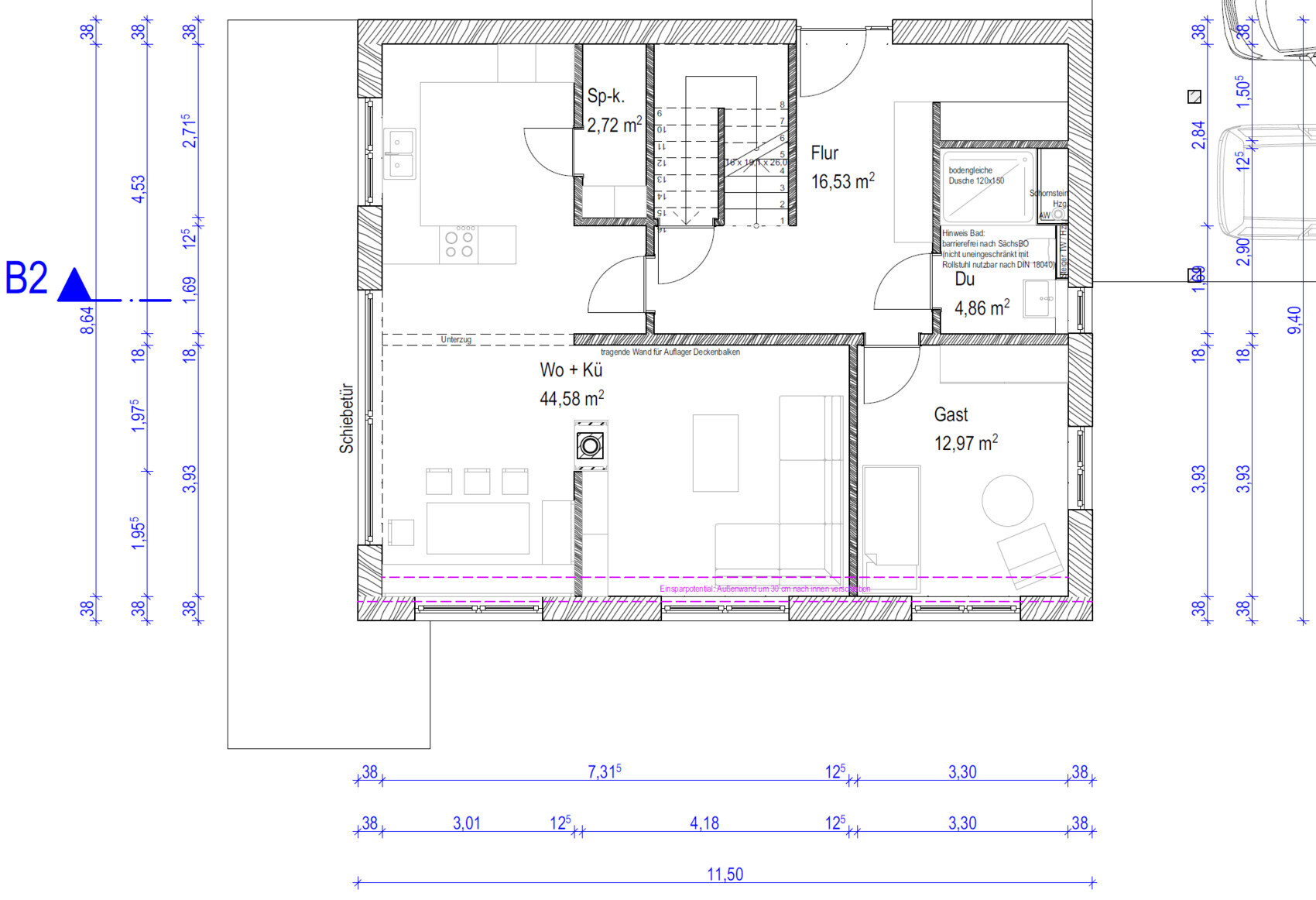 Grundrissplan eines Hauses mit offener Küche, Wohnbereich, Flur und Gästezimmer.