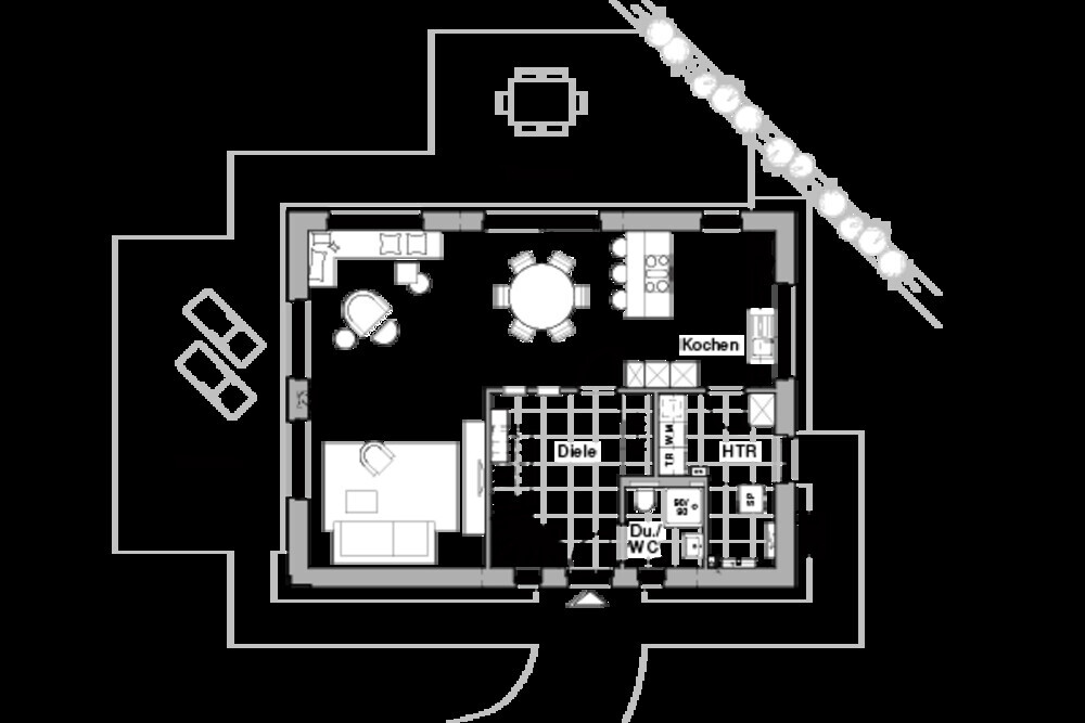 Grundrissplan eines modernen Hauses mit Küche, Essbereich, Wohnzimmer und Schlafzimmer.