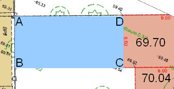 2D Grundrissplan eines rechteckigen Raums mit A,B,C,D und blauer Fläche