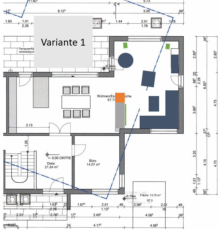 Grundriss eines Hauses: Offener Wohn-/Ess-/Küchenbereich, Büro, Variante 1 Overlay.
