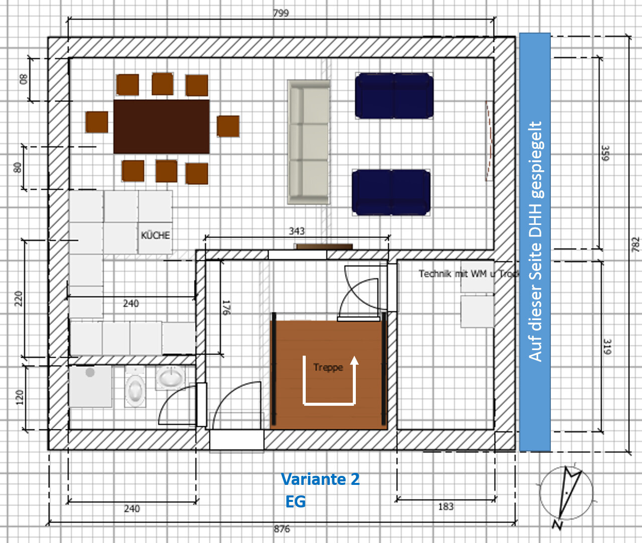 Grundriss: Küche links, Esstisch mit Stühlen, Sofa rechts, Treppe in Mitte.