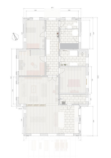Grundriss eines Hauses mit Zimmern, Türen und Maßangaben.