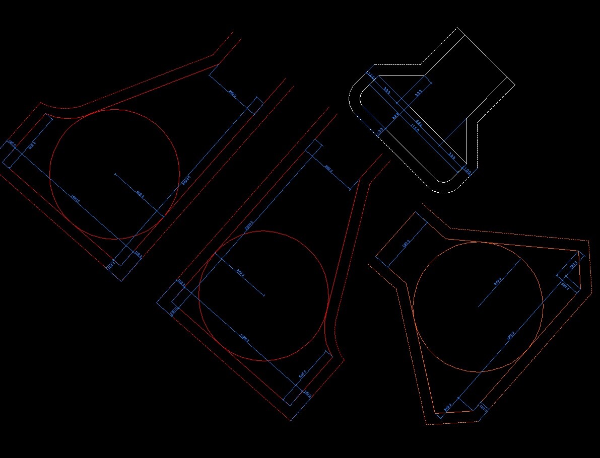 CAD-Grundrisspläne mit runden Formen und Maßlinien auf schwarzem Hintergrund