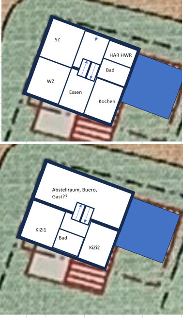 Zwei Hausgrundrisse: obere Etage SZ/WZ/Essen/Kochen/Bad; KiZi1/2, Büro, Gast unten; Anbau rechts.