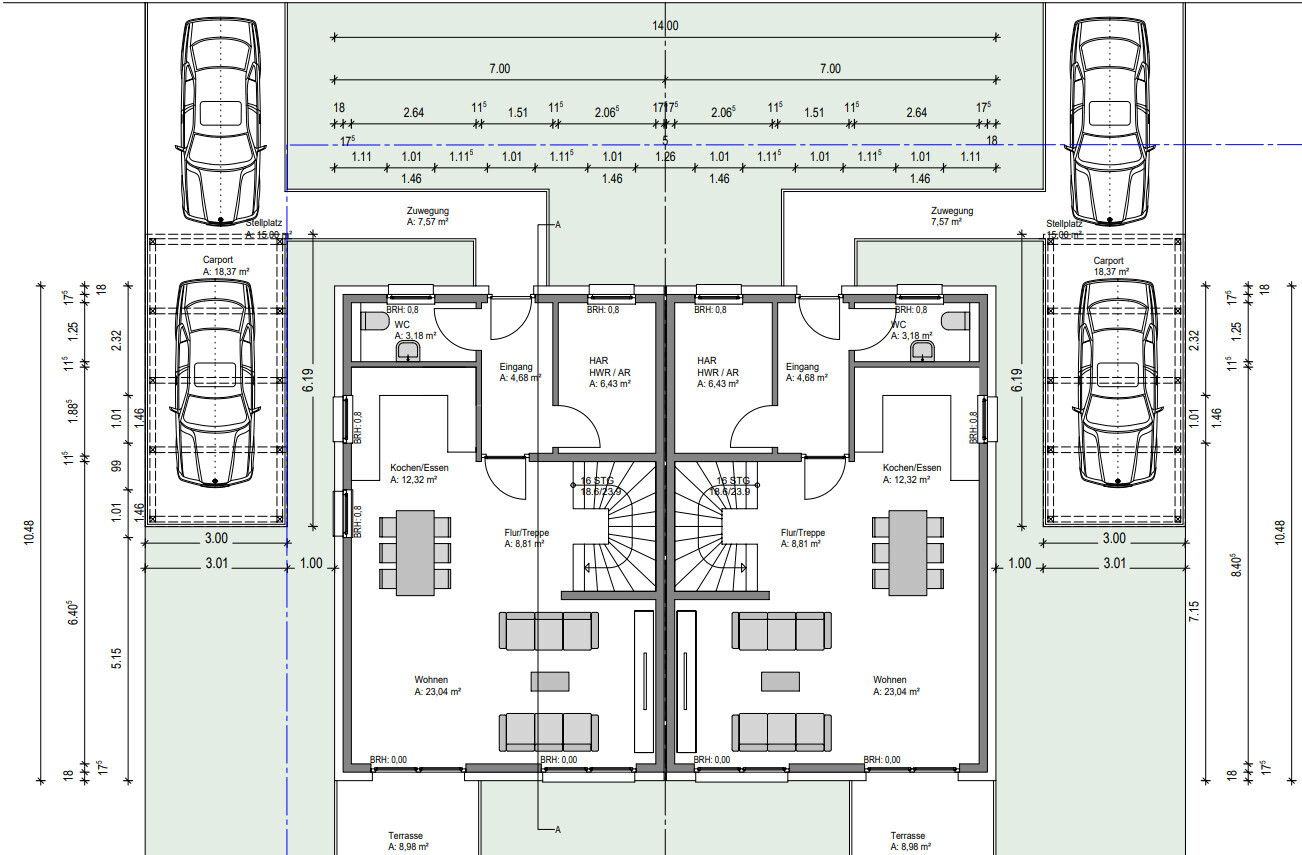 Ansicht eines Doppelhauses: Grundriss mit zwei Wohneinheiten, Treppen, Küche, Wohnzimmer, Carports