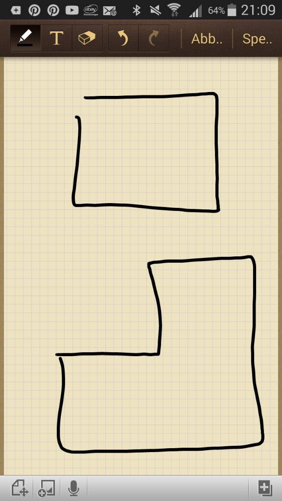 Zwei einfache Skizzen: oben ein kleines Quadrat, unten eine große L-Form auf kariertem Hintergrund.