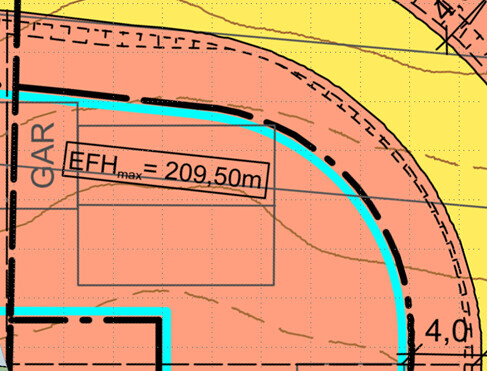 2D-Grundrissplan eines Einfamilienhauses mit farblich markierten Bereichen