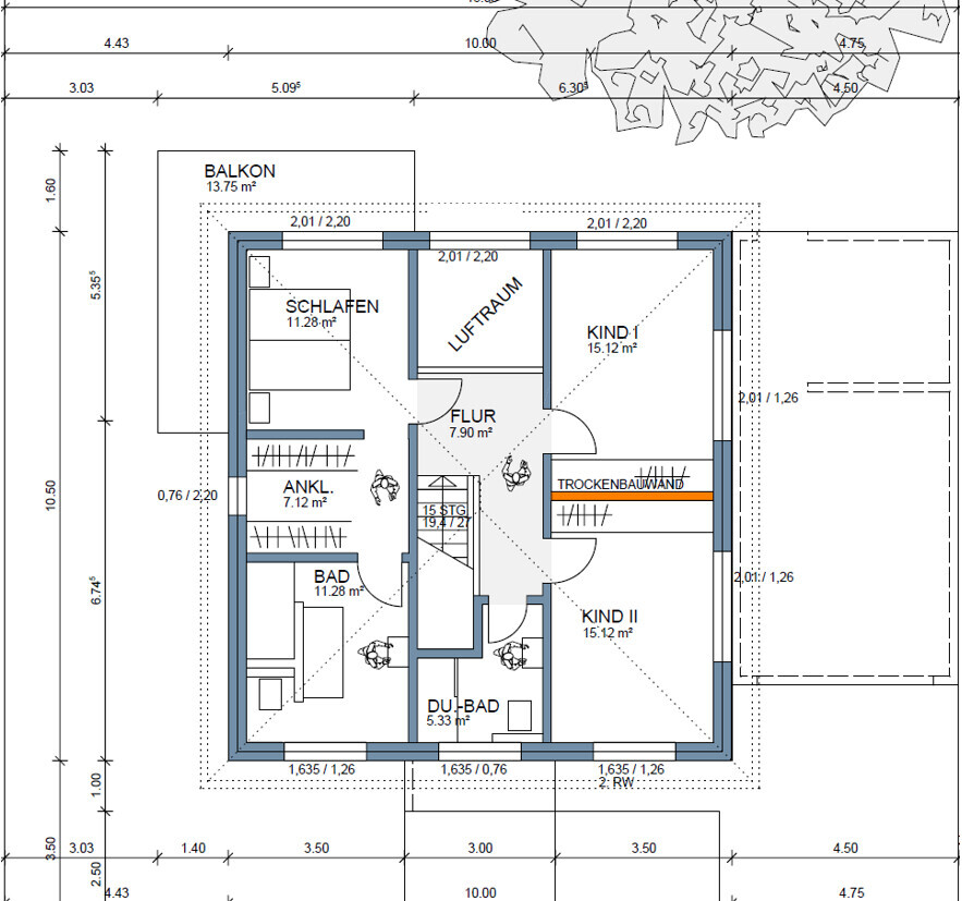 Grundrissplan eines Hauses mit Schlafzimmer, Kindzimmer, Flur, Bad und Balkon
