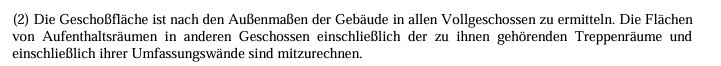 Textliche Bauvorschrift zur Ermittlung der Geschossfläche nach Außenmaßen, Treppenräume.