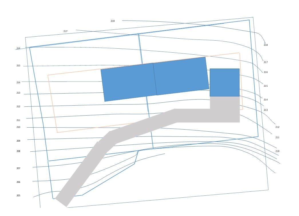 Technisches Diagramm mit blauen Linien, orange Rahmen, blaue Rechtecke und grauer Bogen.