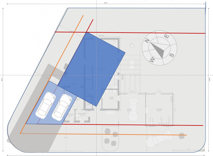Grundrissplan eines Grundstücks mit Haus, Garage und Orientierungspfeil