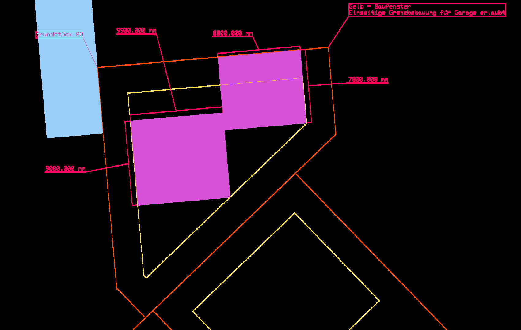 Lageplan: magentafarbene Baukörper, blauer Bereich, pinke Maßlinien und gelbe Grenzlinien.