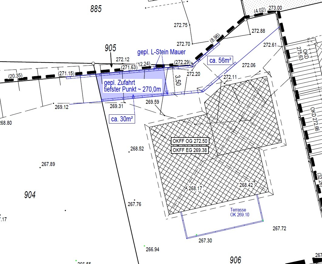 Lageplan: Geplante L-Stein-Mauer, Zufahrt, ca. 56 m² Fläche, Terrasse.