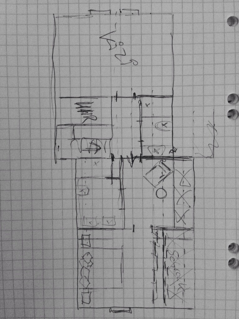 Handgezeichnete Grundrisszeichnung eines Hauses mit mehreren Räumen auf kariertem Papier.