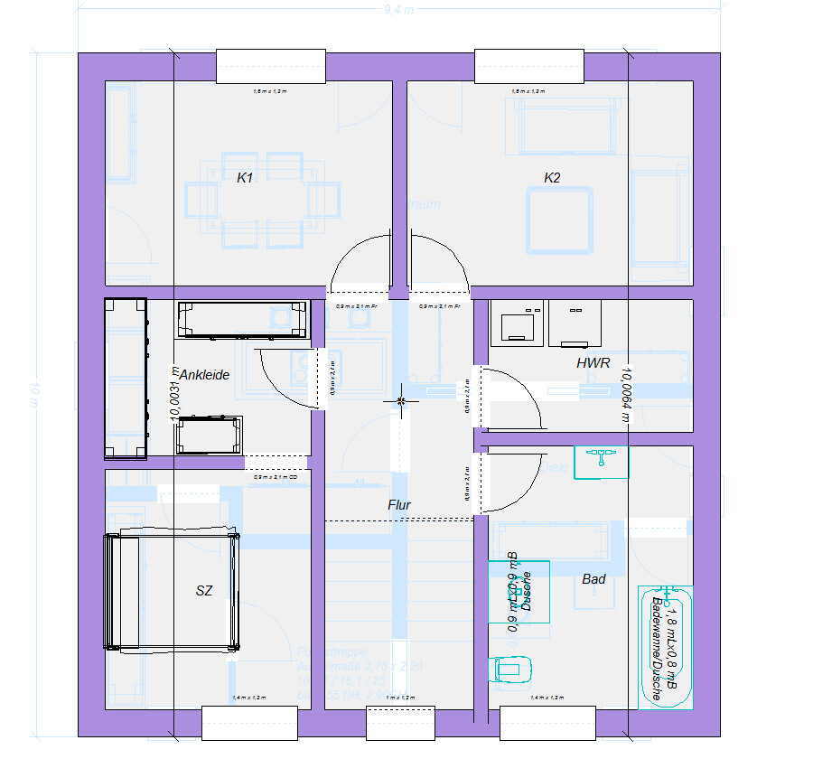 Grundriss eines Hauses mit Flur, Bad, HWR, SZ, Ankleide, K1, K2.