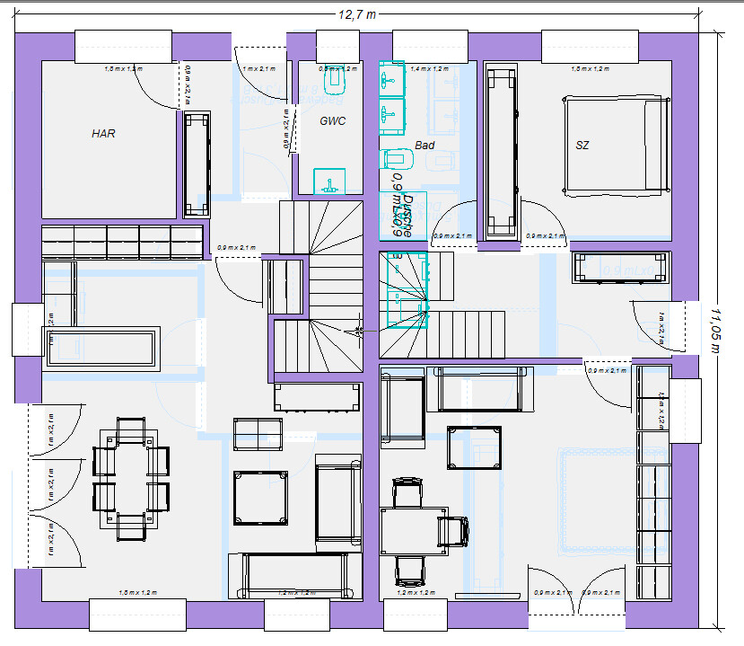 Grundriss eines Wohnhauses mit HAR, GWC, Bad, SZ, Küche, Essen, Wohnen und Treppenhaus.