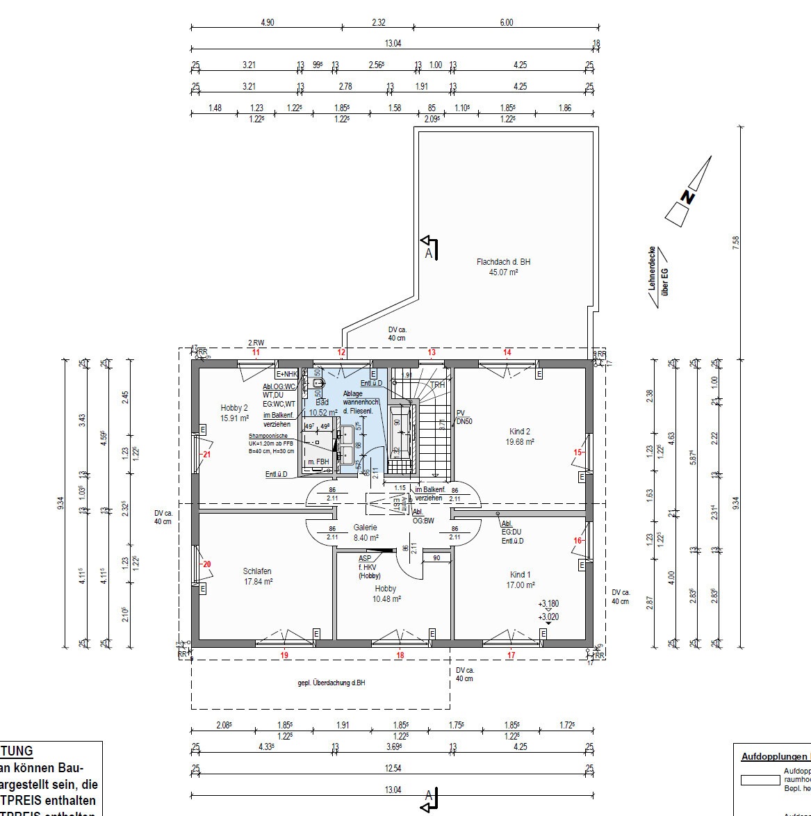 Grundriss eines Hauses mit Schlafzimmer, zwei Kinderzimmern, Hobbyraum, Bad und Treppe.