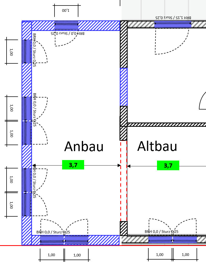 Grundriss: Anbau links, Altbau rechts; Türen, Wände, Maß 3,7 m.