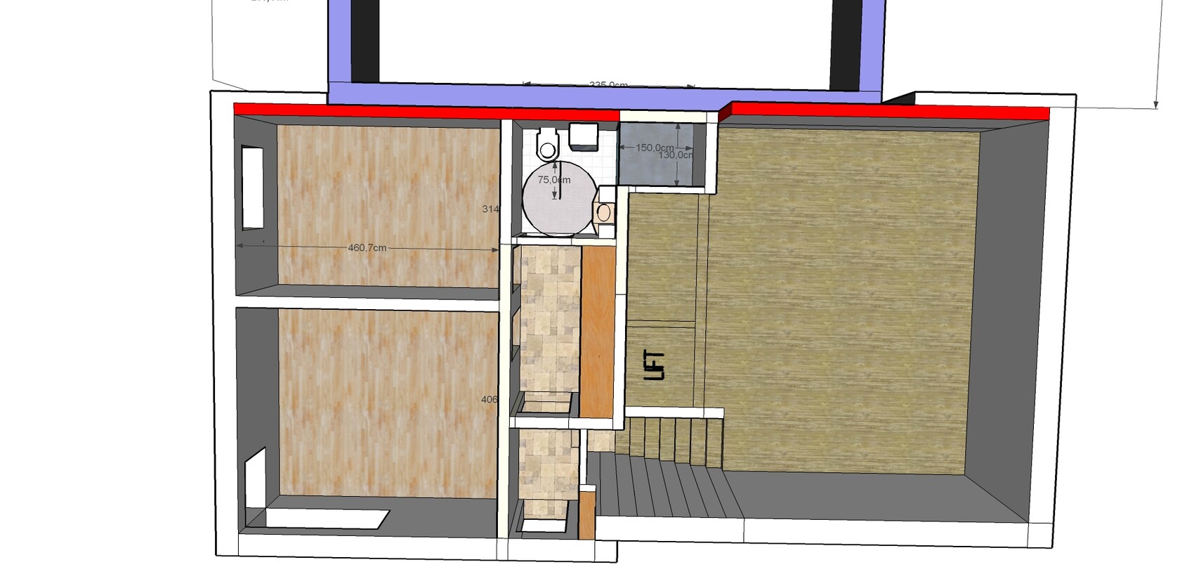 Grundriss einer Wohnung: zwei Zimmer links, Bad in Mitte, grosser Raum rechts, Treppe rechts.