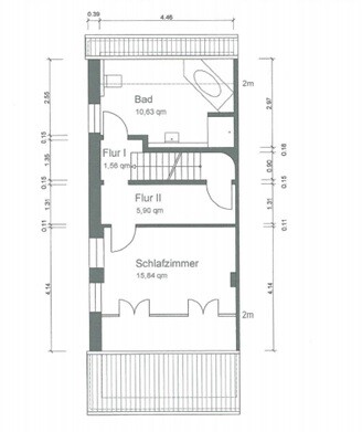 2D-Grundriss eines Hauses mit Bad, Flur und Schlafzimmer