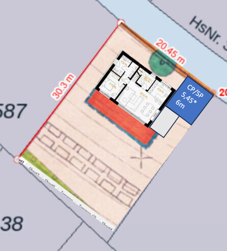 2D-Grundriss eines Grundstücks mit Innenaufteilung und Gebäudefläche