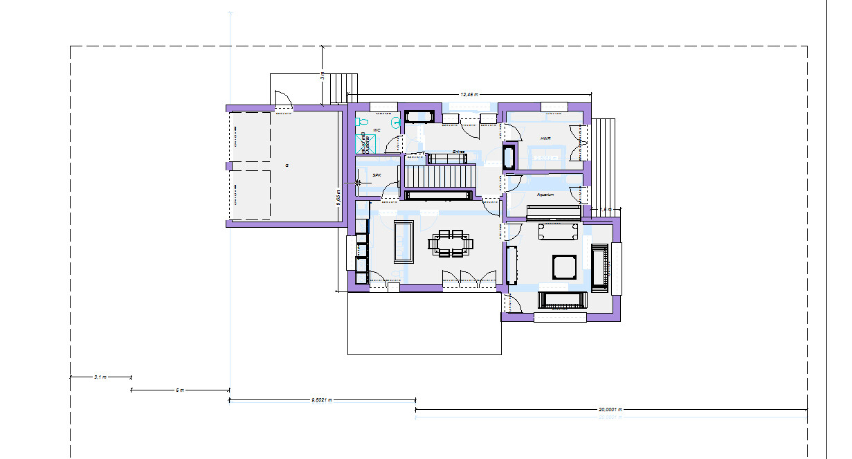 Architektur-Grundriss eines Hauses: Innenraum mit Wohnzimmer, Essbereich, Küche, Treppe, Zimmer.